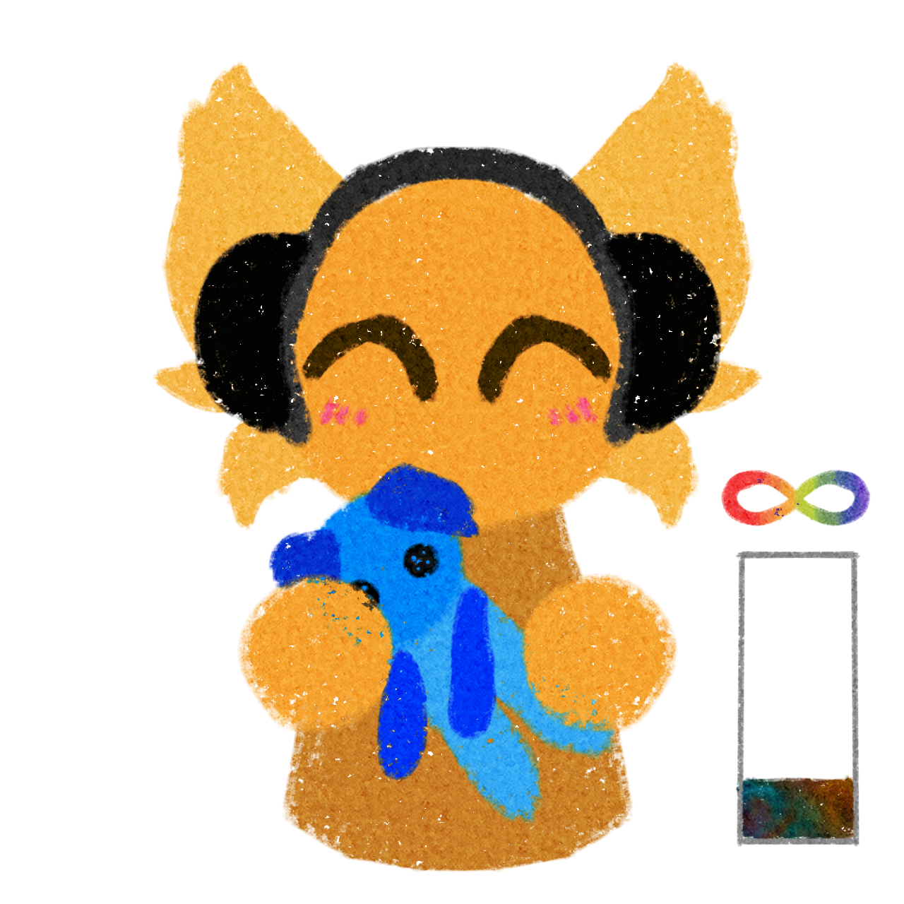 a stylized, cartoonish character with large fox-like ears, headphones, and a happy expression with closed eyes and blushing cheeks. They are holding a blue stuffed animal, which resembles a plush dog. Next to them is a rainbow-colored infinity symbol and a rectangular bar with a rainbow gradient starting to fill up at the bottom. 